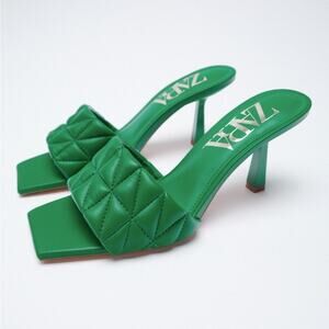 Zara Green Quilted Heeled Sandals.